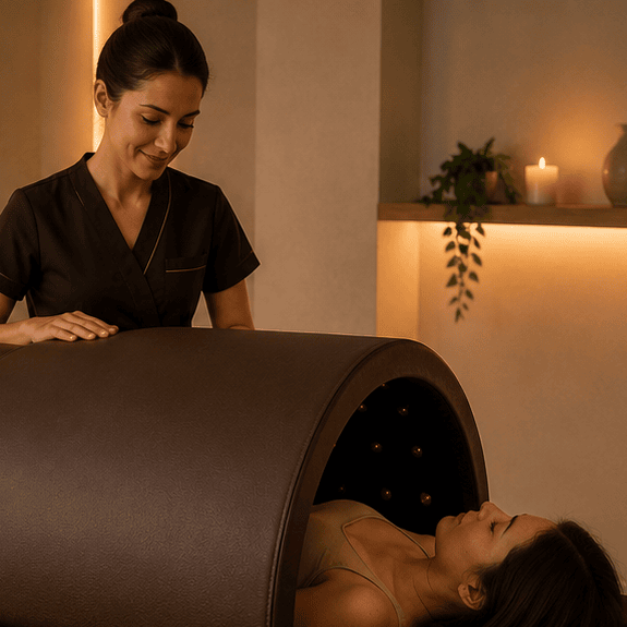 Praticienne accompagnant une cliente pendant une séance de sauna japonais infrarouge Haruki