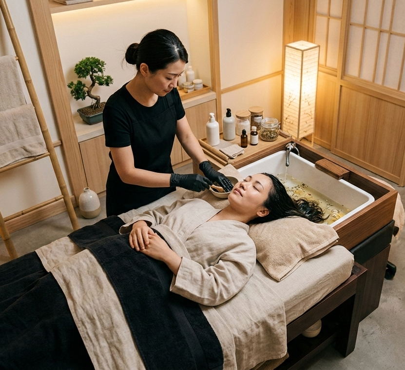 oin head spa professionnel en institut, cliente allongée sur table head spa japonaise