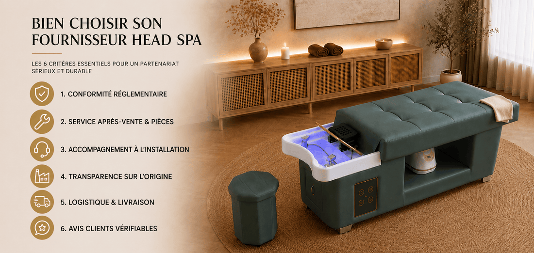 Les 6 critères essentiels pour bien choisir son fournisseur head spa : conformité CE, SAV et pièces détachées, accompagnement à l'installation, transparence sur l'origine, logistique et avis clients vérifiables