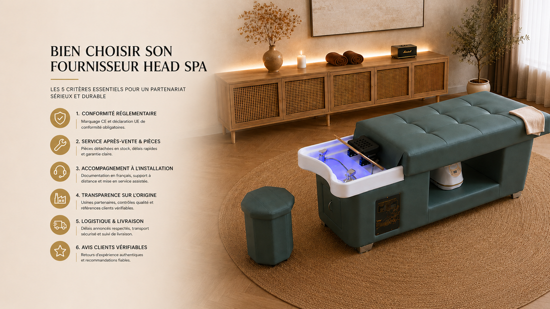 6 critères essentiels pour choisir son fournisseur head spa professionnel : conformité, SAV, installation, origine, livraison, avis