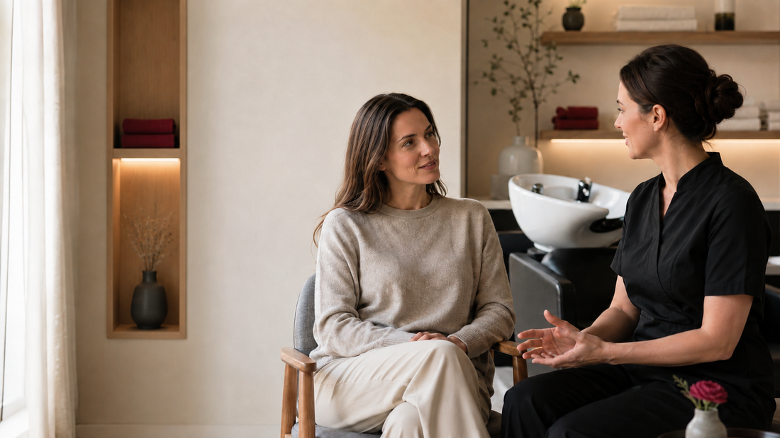 Praticienne échangeant avec une cliente lors de l'entretien préalable avant une séance de head spa en salon