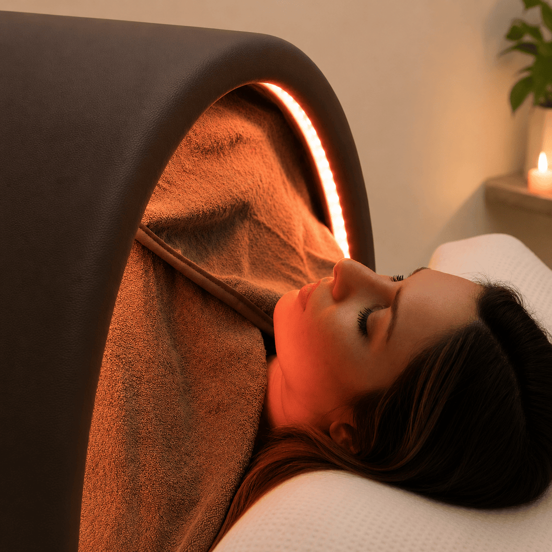 Cliente allongée sous le sauna dôme japonais Haruki, détendue pendant une séance infrarouge avec LED rouge
