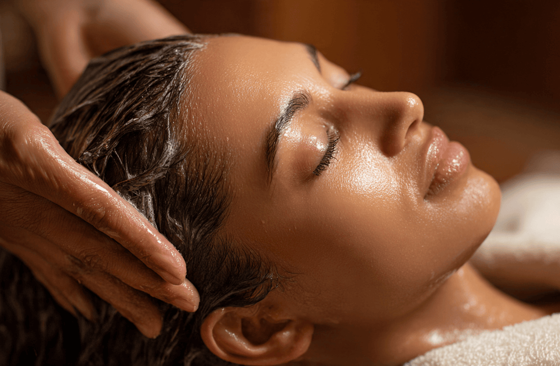 Cliente allongée au bac head spa pendant la phase de shampooing et de massage du cuir chevelu
