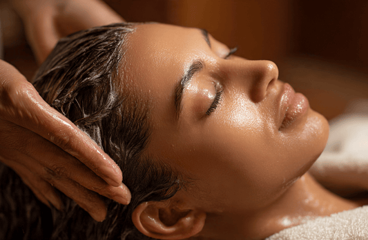 Cliente allongée au bac head spa pendant la phase de shampooing et de massage du cuir chevelu
