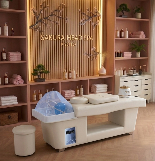 Table Head Spa Kyoto dans un espace professionnel de soin capillaire japonais luxueux