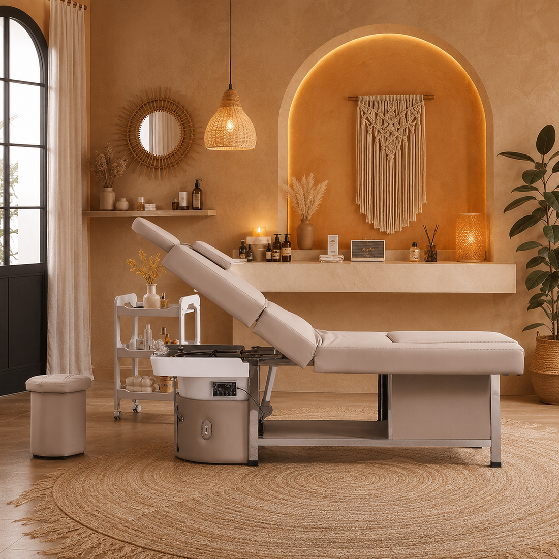 Table Head Spa Miyabi dans une cabine Head Spa bohème chic à l'ambiance chaleureuse premium