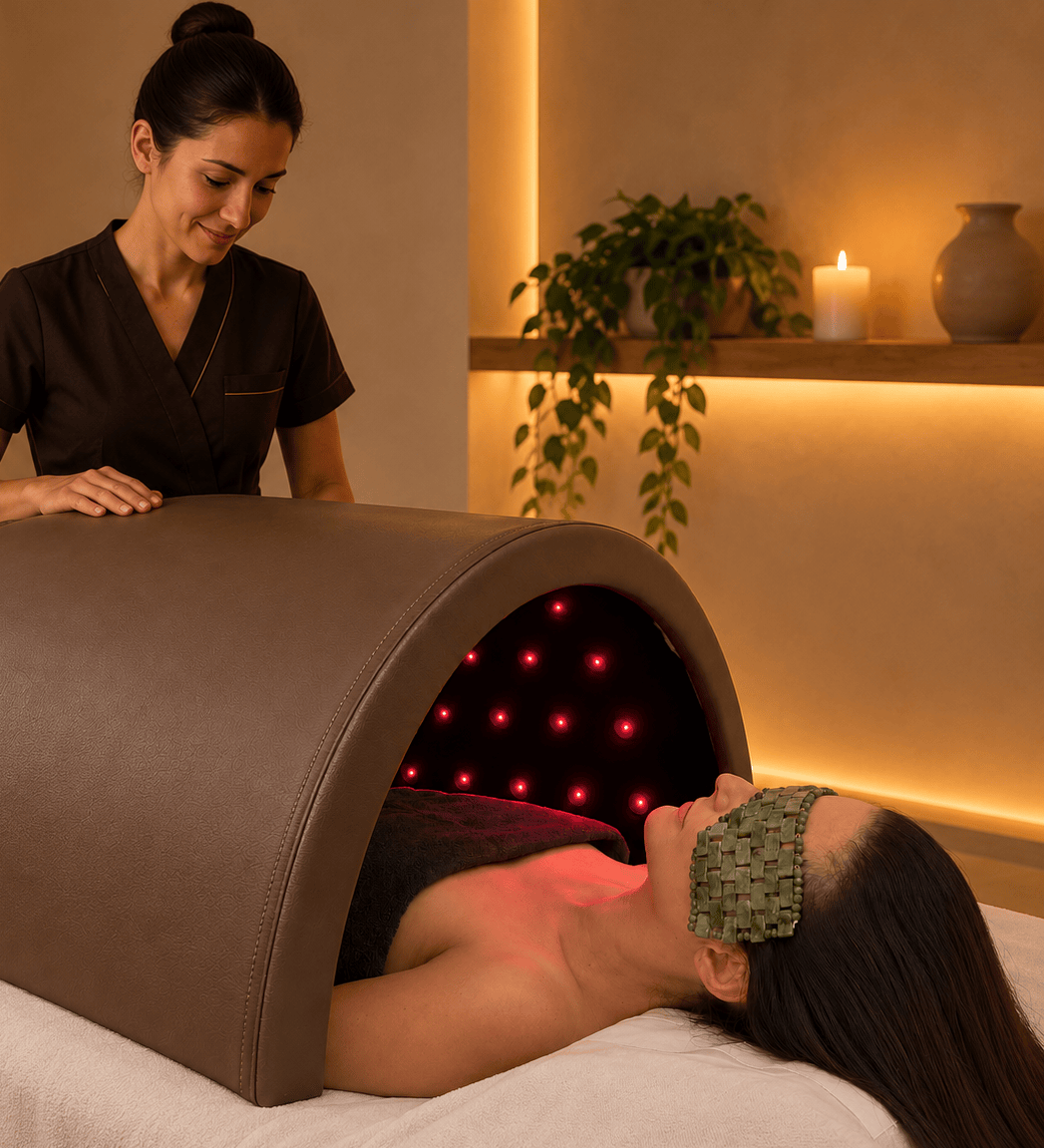 Esthéticienne en tunique marron près d'un dôme sauna LED infrarouge, cliente allongée avec masque en jade dans une cabine de soin tamisée