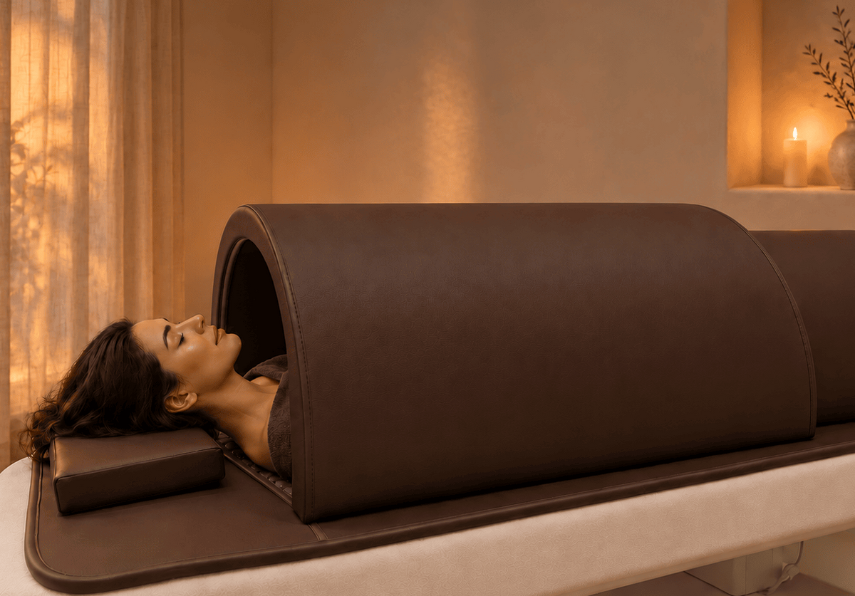 Cliente détendue allongée sous un dôme sauna LED infrarouge marron dans une cabine de soin à lumière tamisée