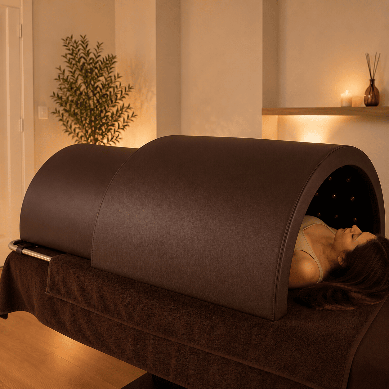 Sauna dôme infrarouge Haruki en salon — cliente en séance, dôme fermé sur table de soin