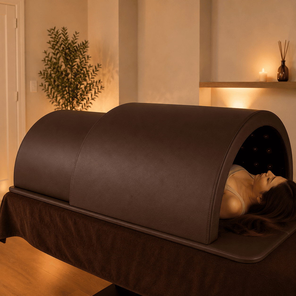 Cliente allongée dans le sauna dôme japonais Haruki à infrarouge carbone et LED rouge, en séance dans un institut de bien-être