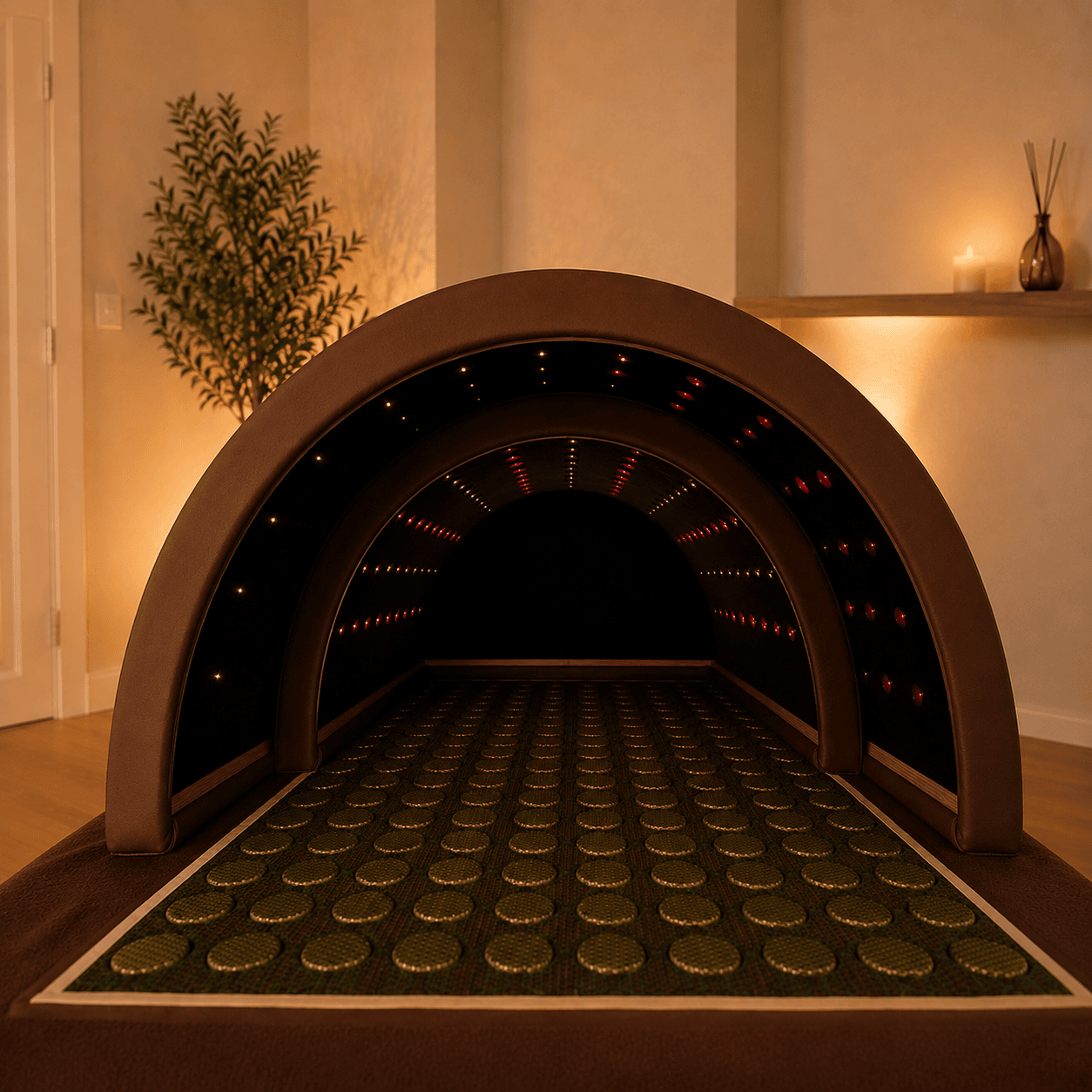 Intérieur sauna dôme Haruki — tapis 144 pierres de jade, LED rouge infrarouge et fils carbone