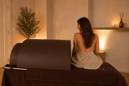 Sauna dôme japonais Haruki — cliente après séance, cabine spa épurée et lumière tamisée