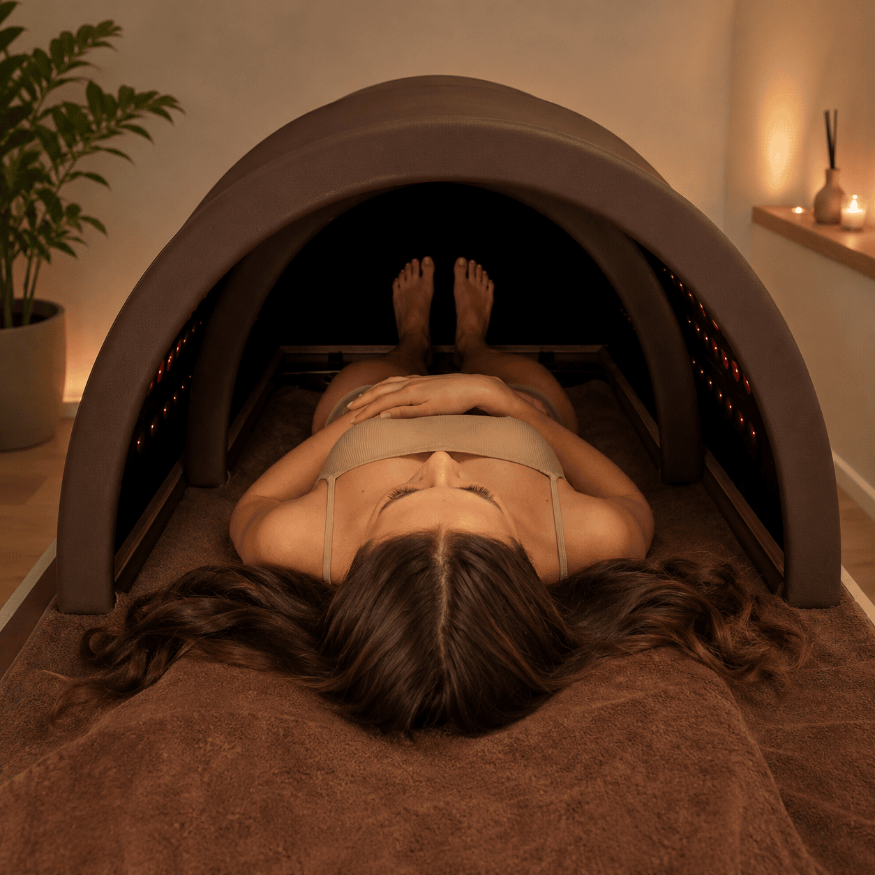 Sauna dôme japonais Haruki ouvert — cliente allongée en séance infrarouge, LED rouges