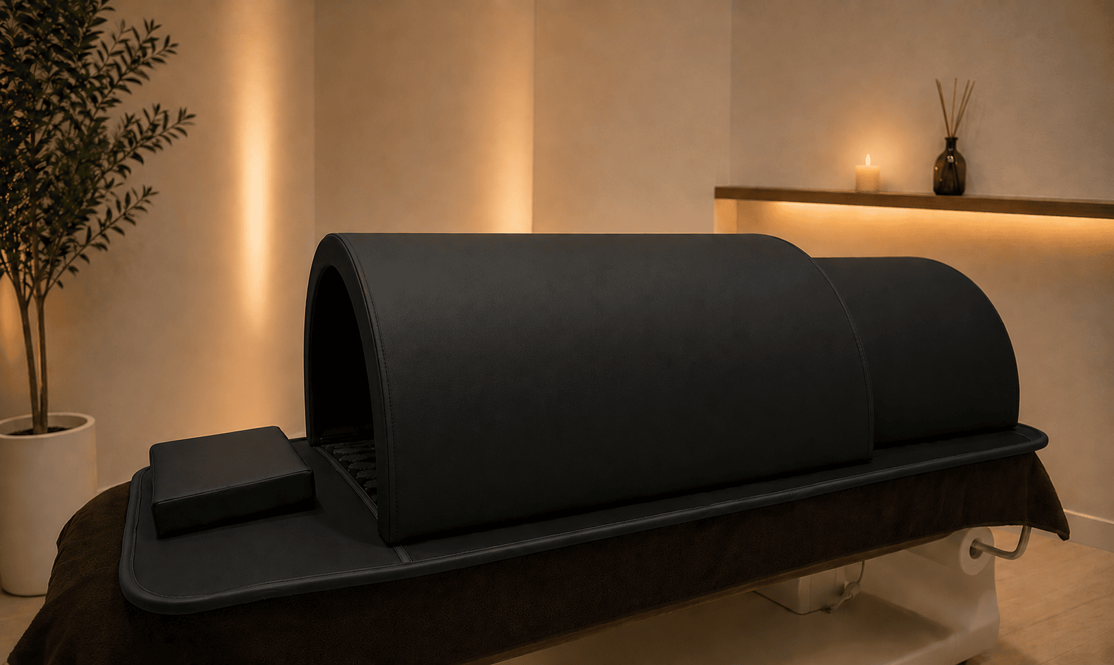 Sauna dôme Haruki coloris Noir — vue produit sur table de soin, cabine spa professionnelle
